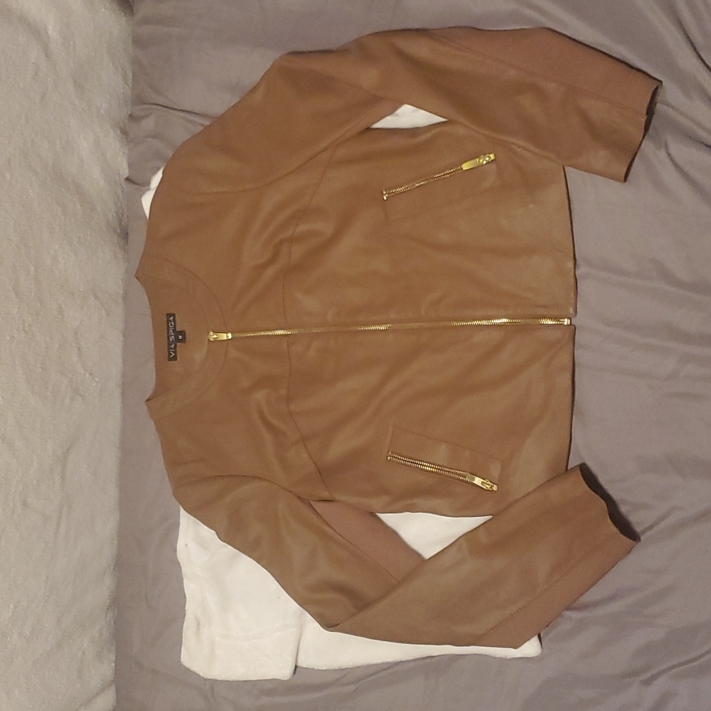 Brown leather jacket.